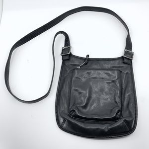Black Leather Crossbody Handbag, Front and Inside Pocket and Adjustable Strap
